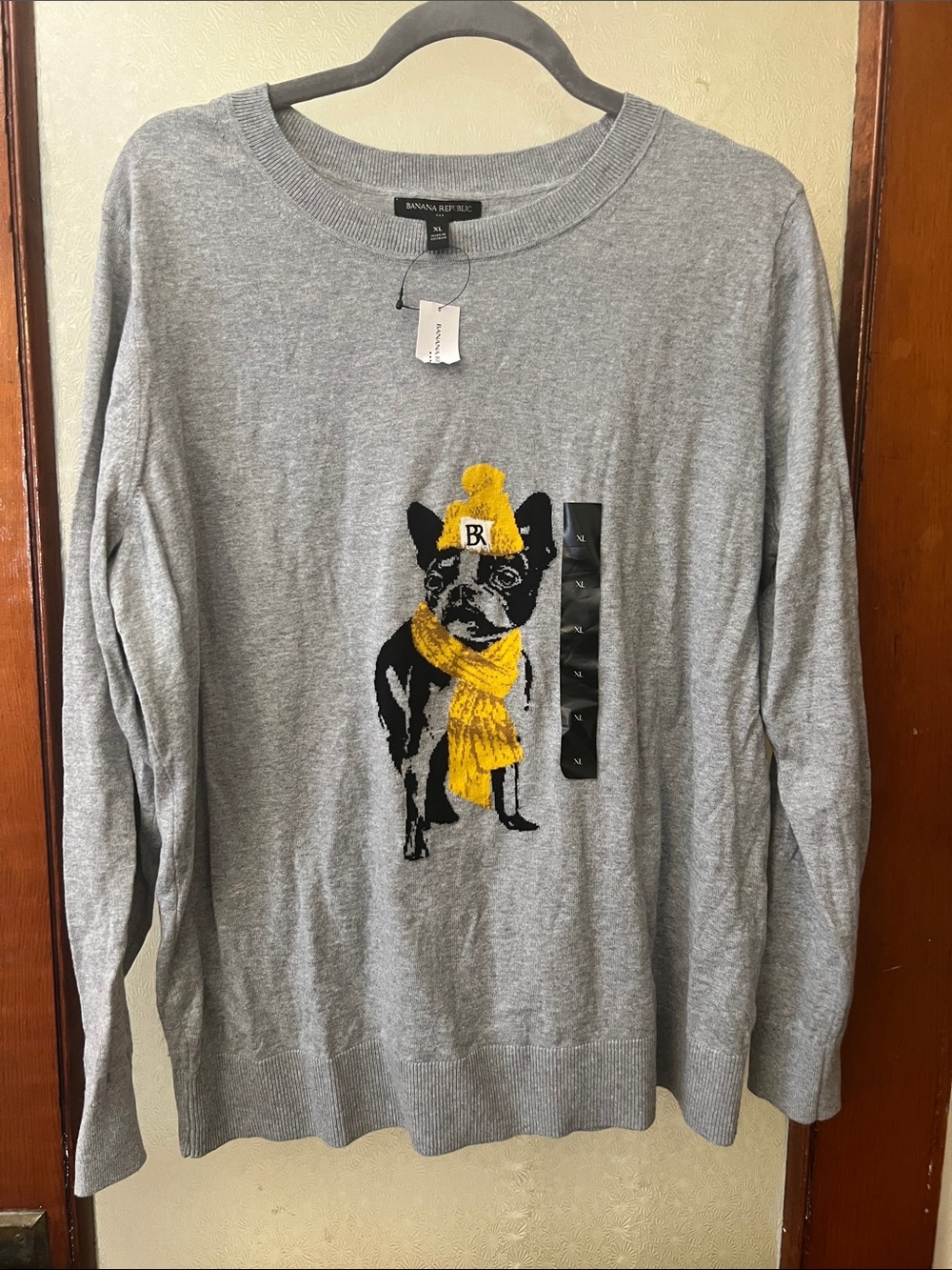 Banana Republic Womens Light Gray Crewneck Sweater with Yellow Dog Motif